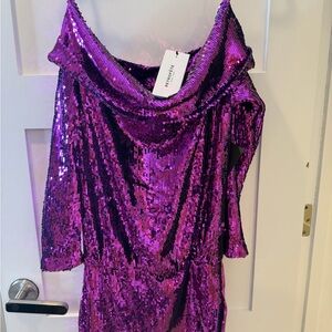 RETROFÊTE
Wyn off-the-shoulder sequined stretch-jersey mini dress. Size MED NWT